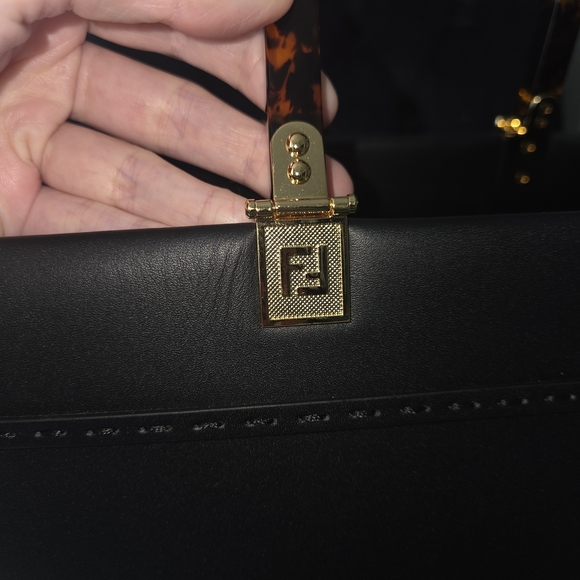 Fendi Black Embossed Logo Tote with Gold Accents - Picture 4 of 9